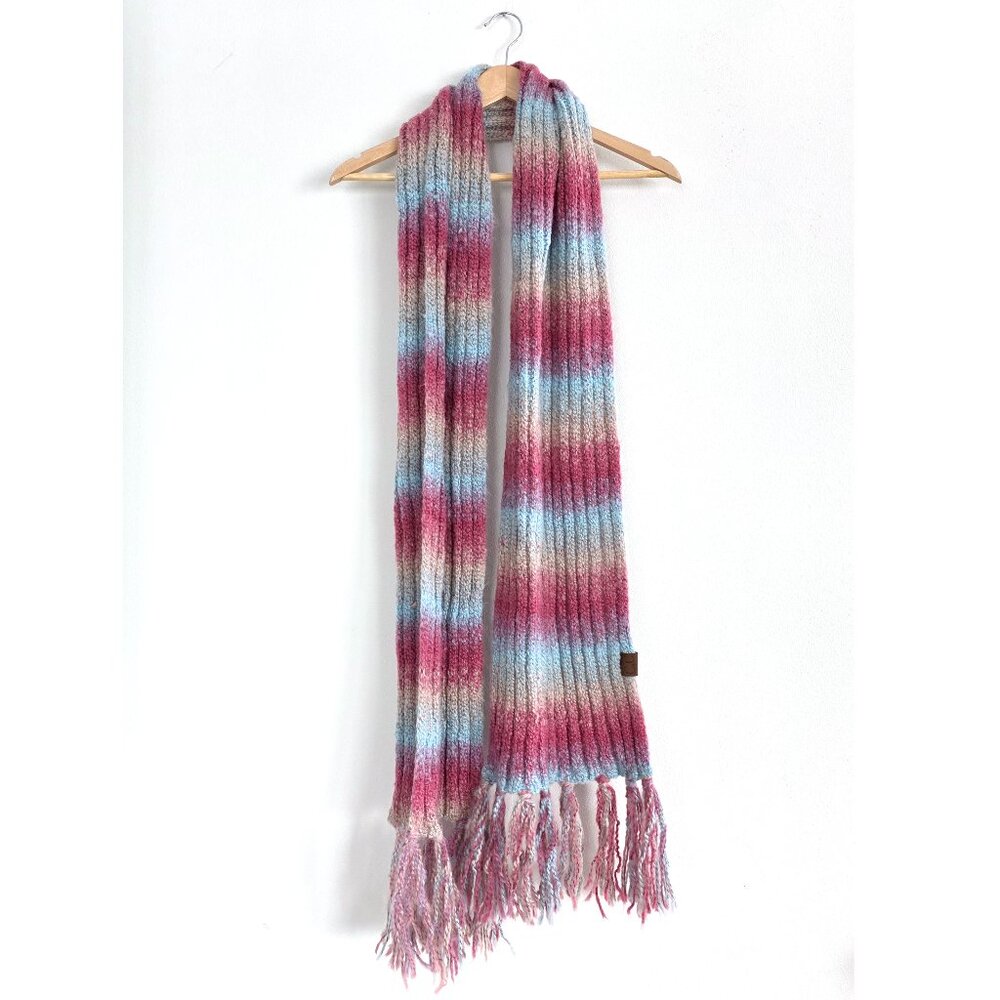 C.C. Ombre Rainbow Striped Knit Scarf Cozy Pastel Pink Blue Fringed Winter Wrap